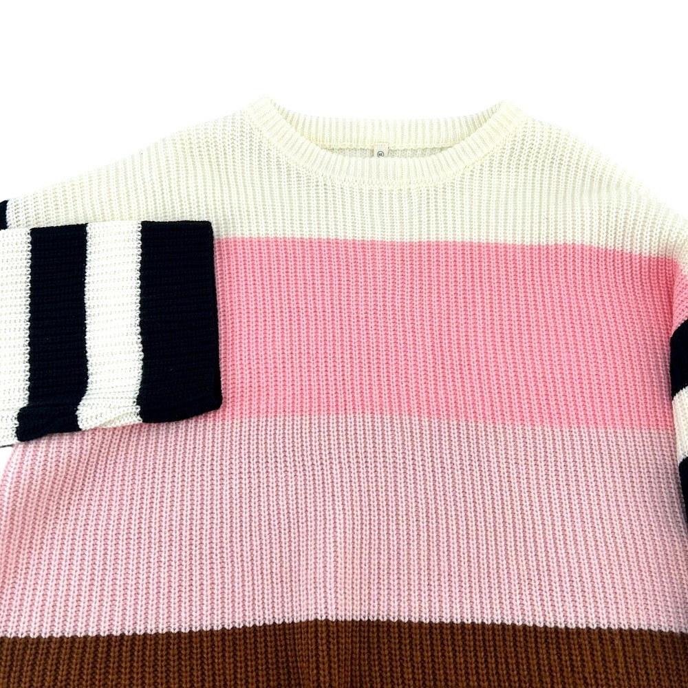 Wishlist M/L Pink Black Tan Neapolitan Stripe Knitted  Sweater Top Long Sleeve